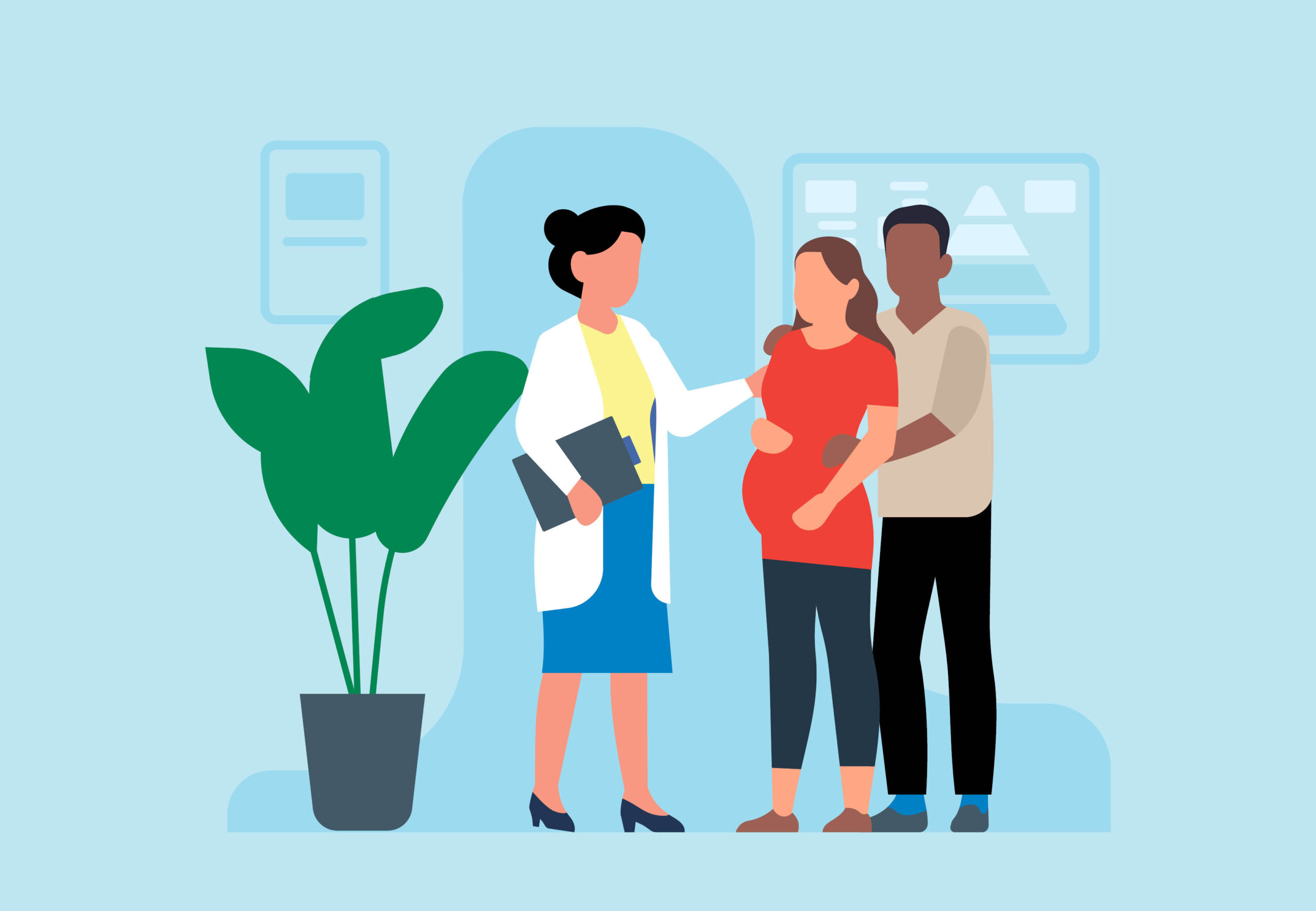 nrithplan doctor advising couple with expecting child, showing how consulting company helps midwives